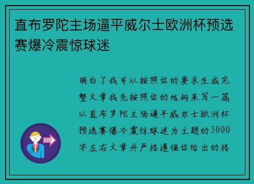 直布罗陀主场逼平威尔士欧洲杯预选赛爆冷震惊球迷